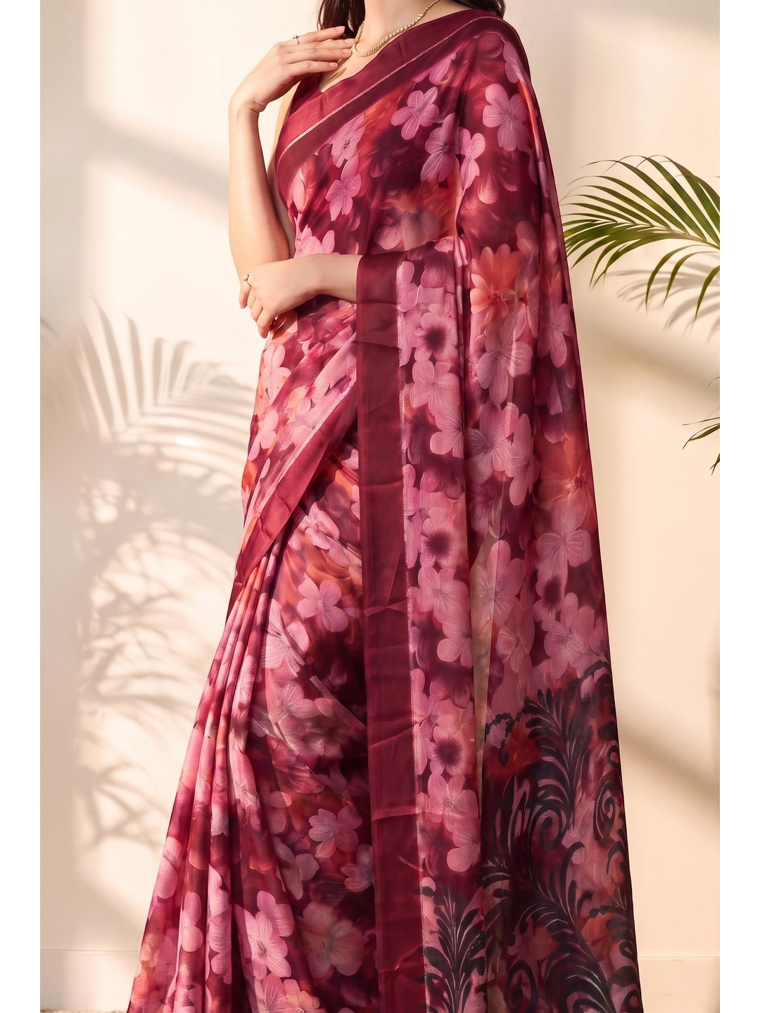Peachmode Pink Floral Printed Satin Saree - Image 4