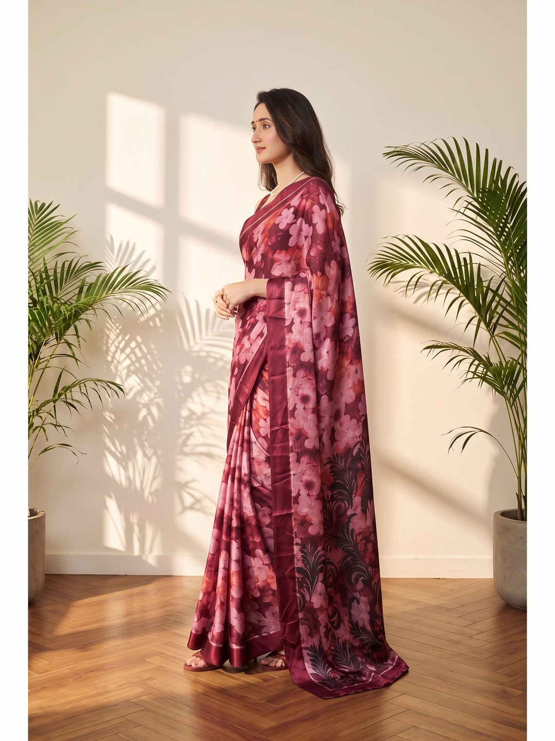 Peachmode Pink Floral Printed Satin Saree - Image 5