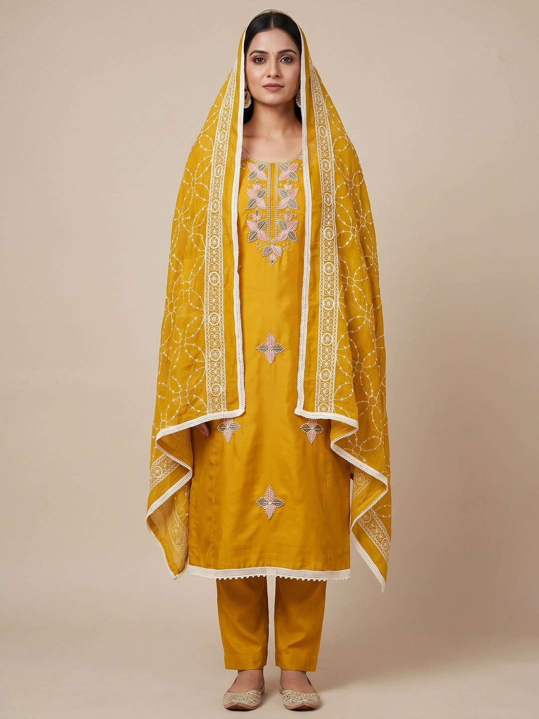 Mustard Roman Silk Embroidered Unstitched Dress Material - Image 2