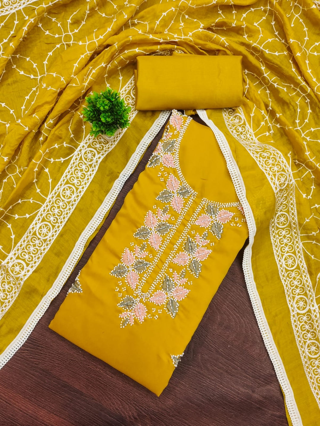 Mustard Roman Silk Embroidered Unstitched Dress Material - Image 3