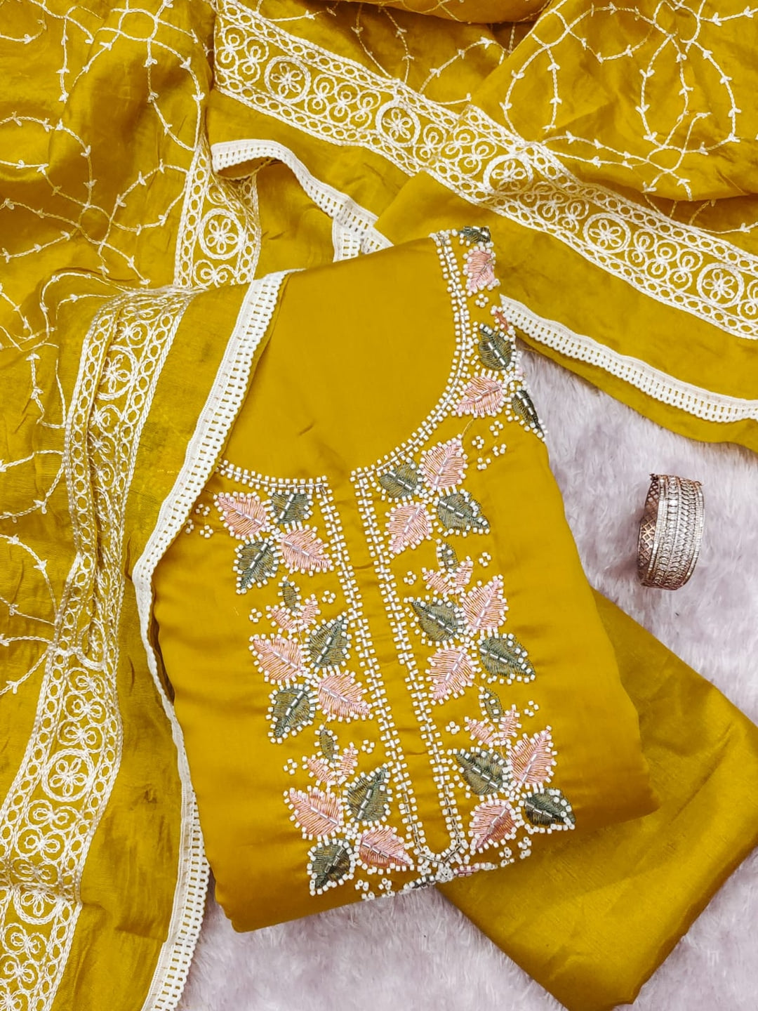 Mustard Roman Silk Embroidered Unstitched Dress Material - Image 5