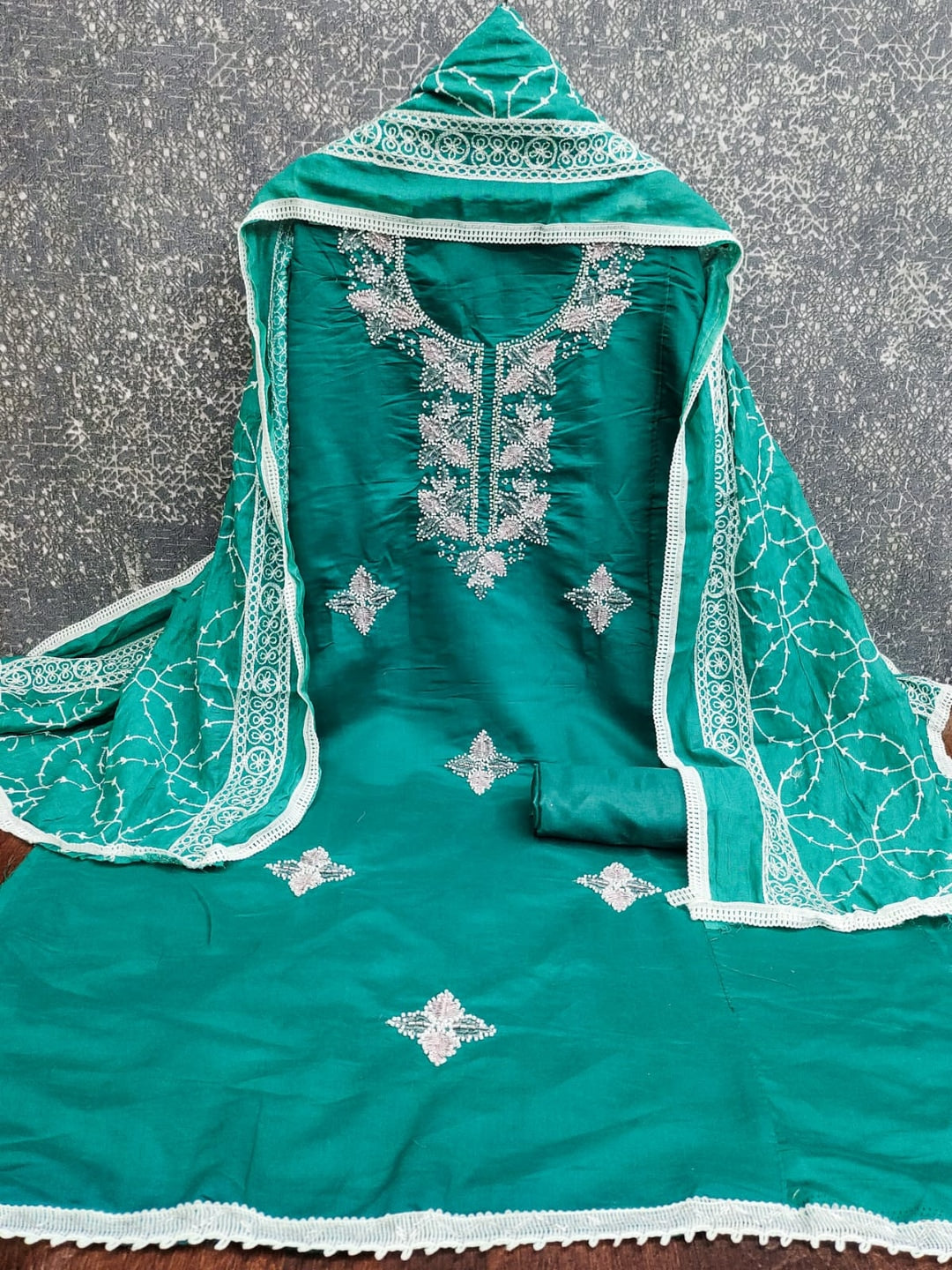 Turquoise Roman Silk Embroidered Unstitched Dress Material - Image 1