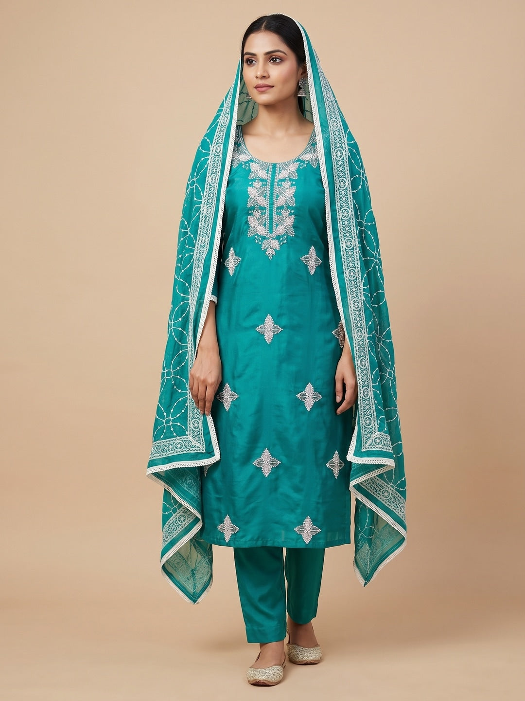 Turquoise Roman Silk Embroidered Unstitched Dress Material - Image 2