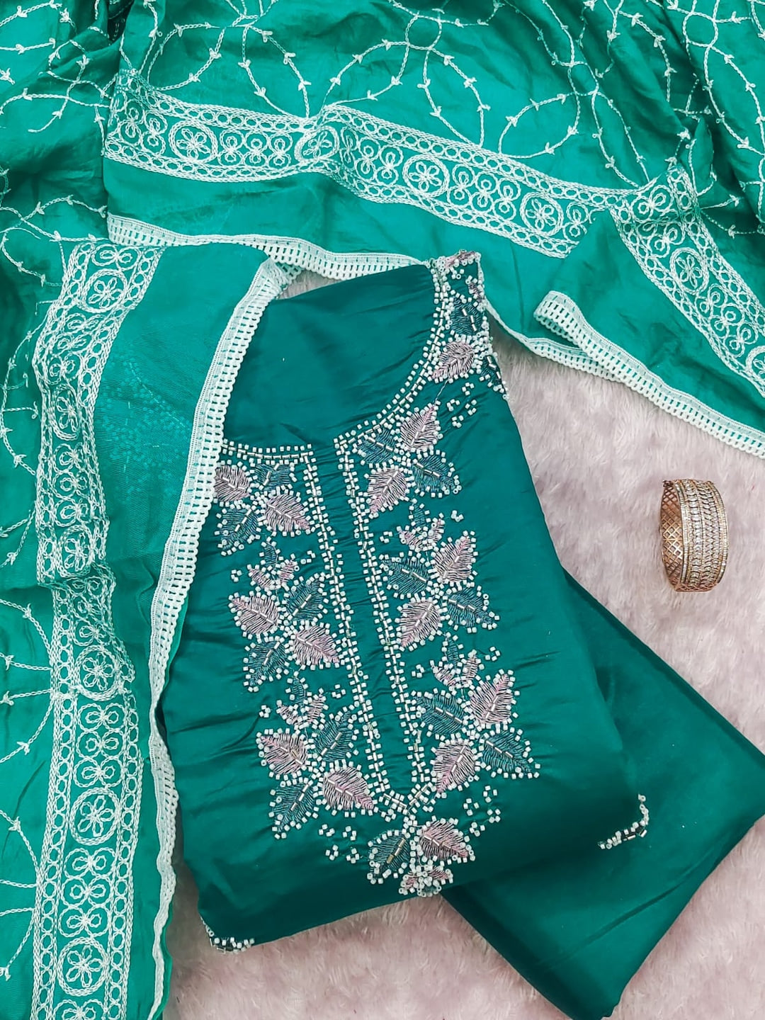 Turquoise Roman Silk Embroidered Unstitched Dress Material - Image 4
