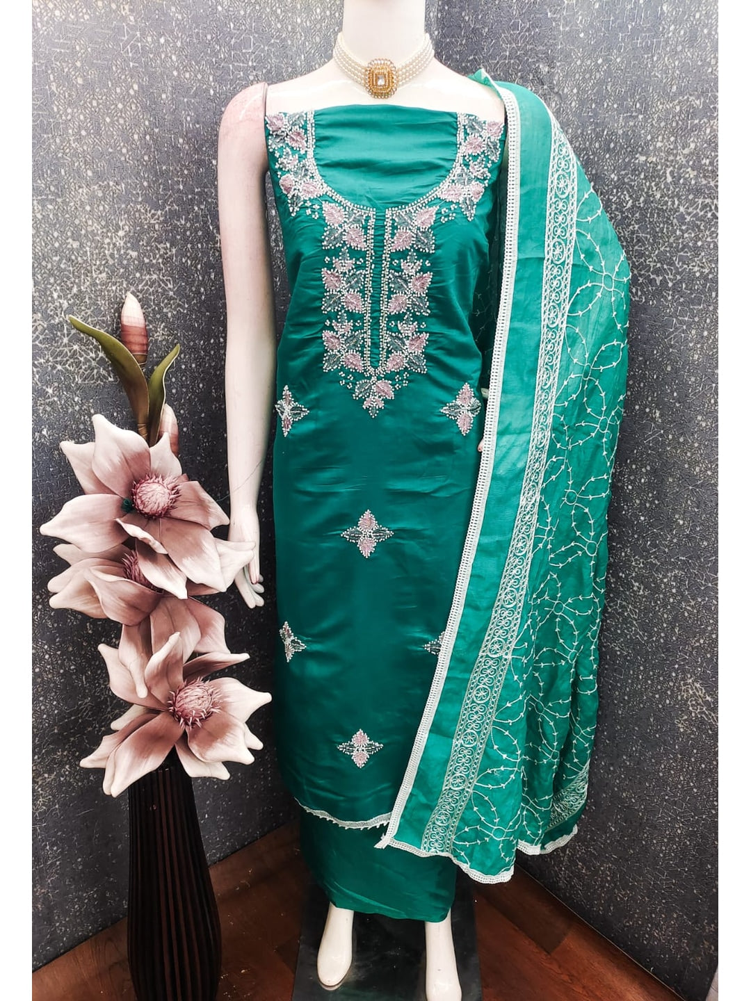 Turquoise Roman Silk Embroidered Unstitched Dress Material - Image 5