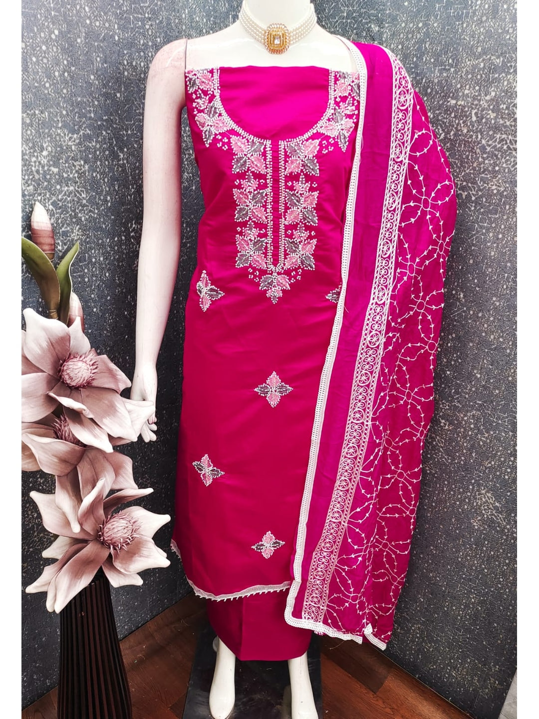 Pink Roman Silk Embroidered Unstitched Dress Material - Image 4