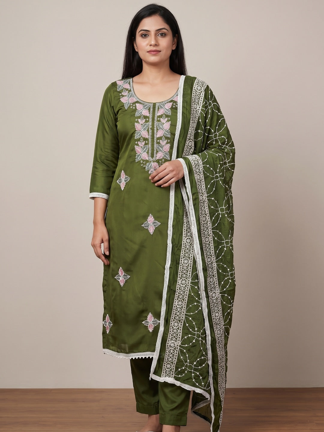 Olive Roman Silk Embroidered Unstitched Dress Material - Image 2
