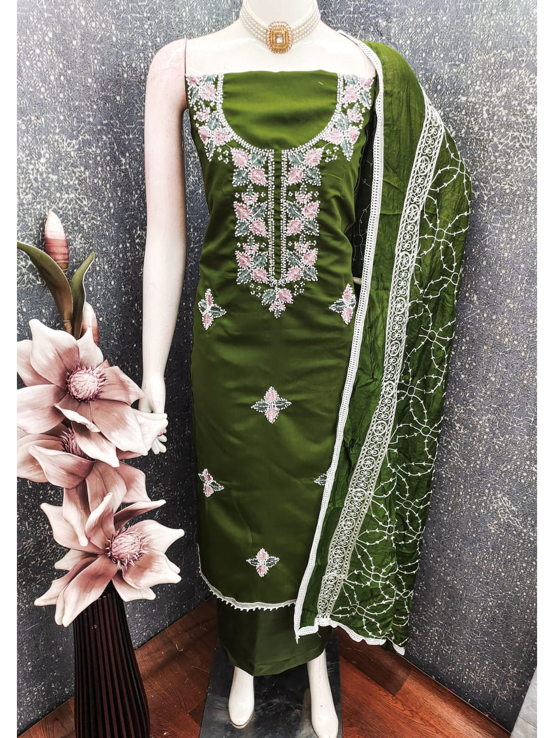 Olive Roman Silk Embroidered Unstitched Dress Material - Image 3