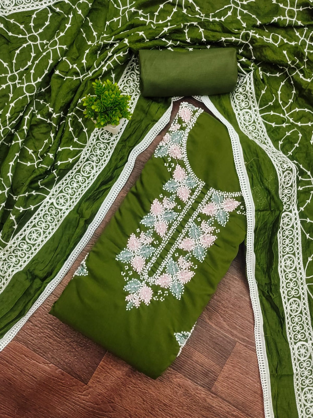 Olive Roman Silk Embroidered Unstitched Dress Material - Image 4