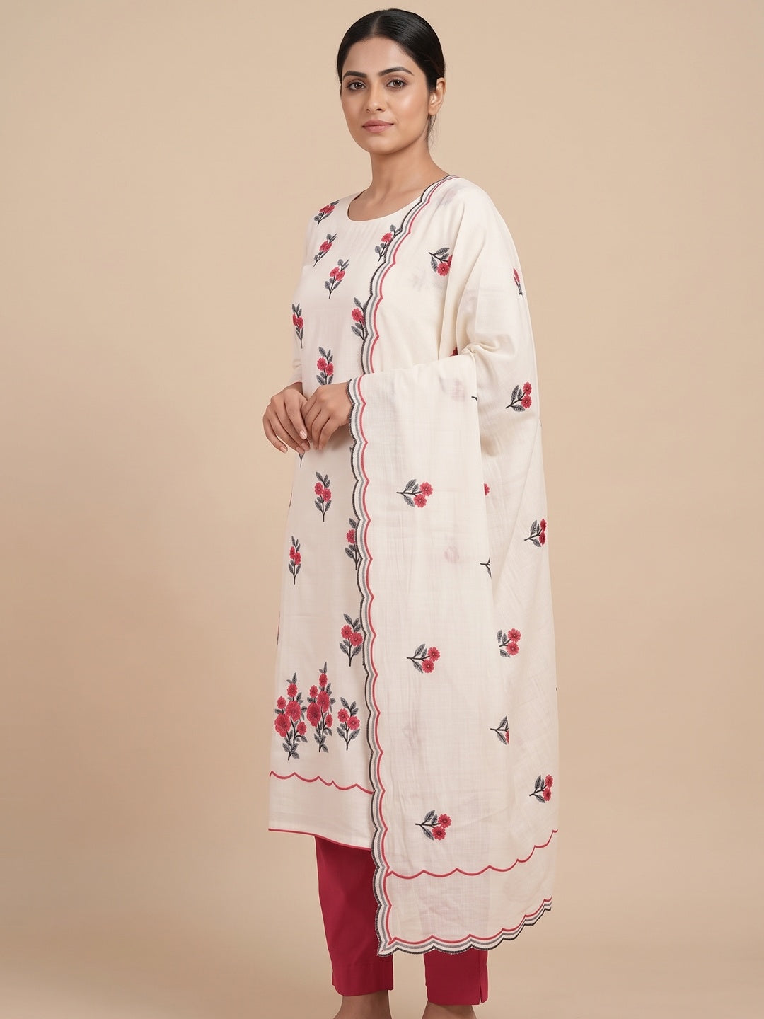 Peachmode Cream Red Floral Embroidered Cotton Dress Material - Image 5