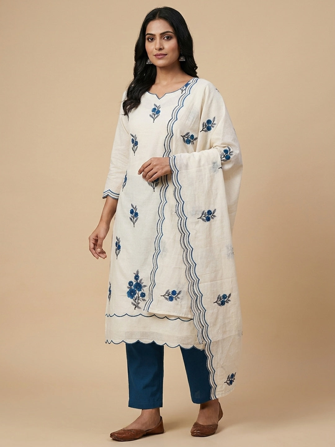 Peachmode Cream Blue Floral Embroidered Cotton Dress Material - Image 2