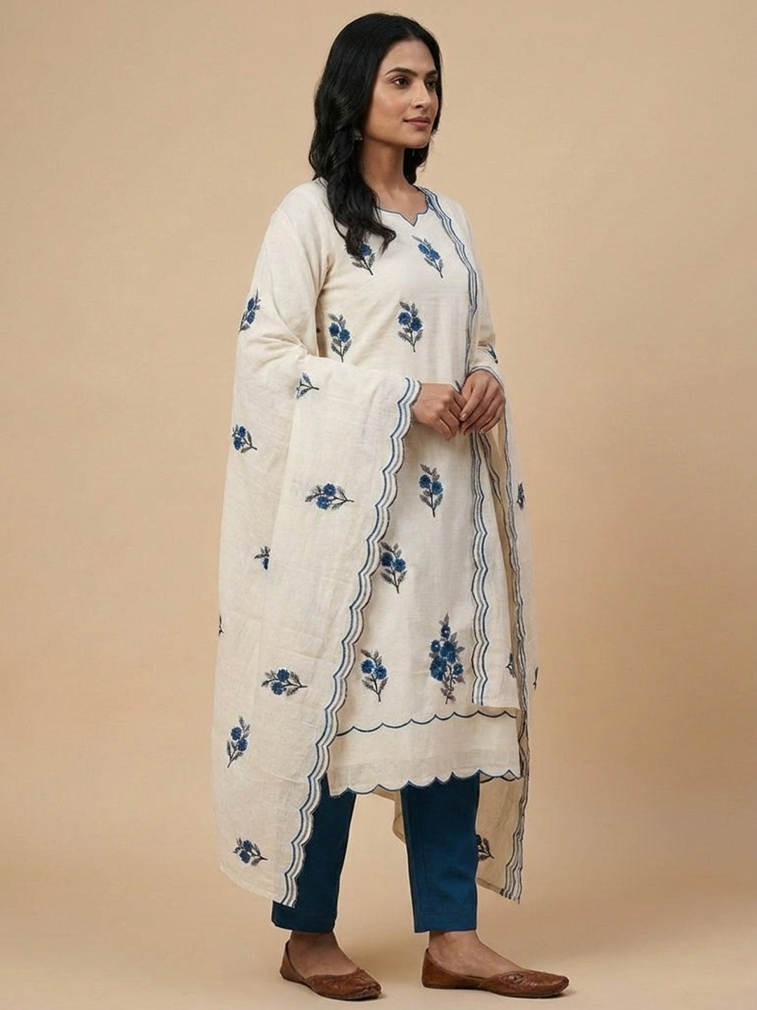 Peachmode Cream Blue Floral Embroidered Cotton Dress Material - Image 5