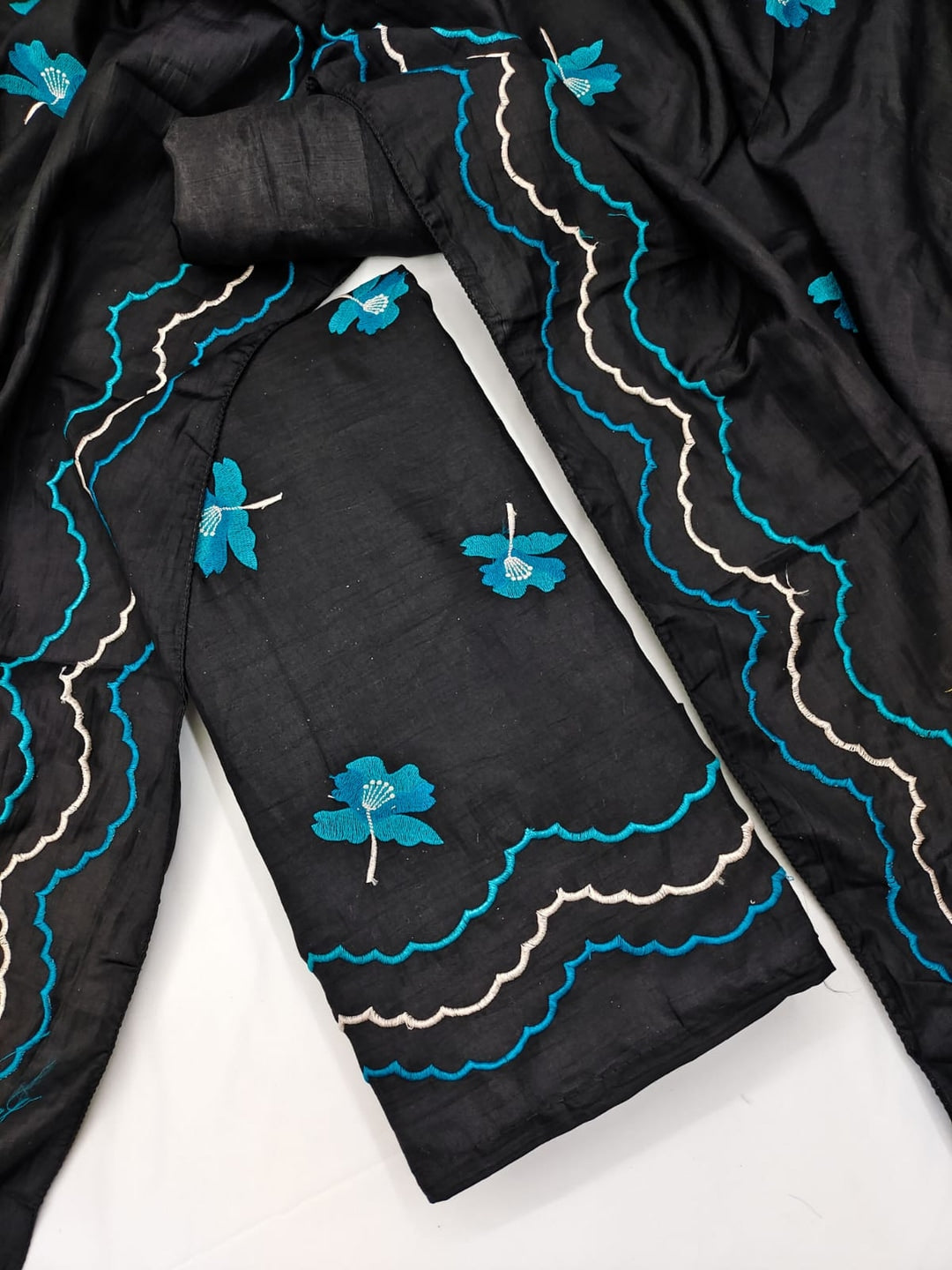 Peachmode Black Turquoise Floral Embroidered Silk Blend Dress Material - Image 4