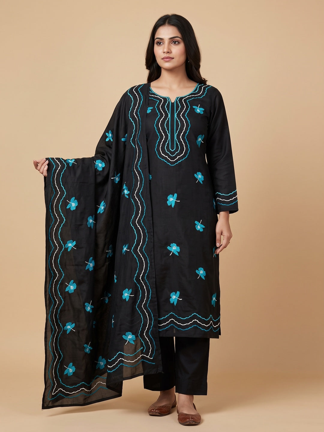 Peachmode Black Turquoise Floral Embroidered Silk Blend Dress Material - Image 2