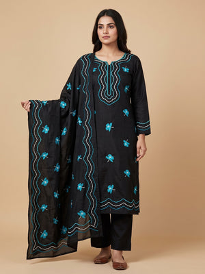 Peachmode Black Turquoise Floral Embroidered Silk Blend Dress Material - Image 2