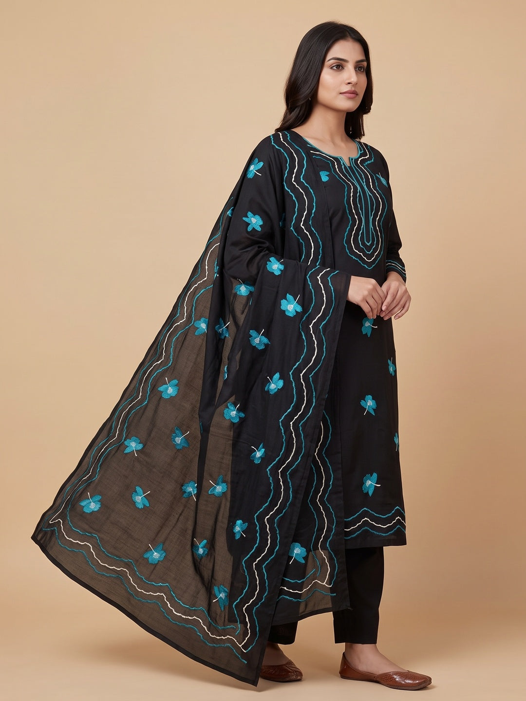 Peachmode Black Turquoise Floral Embroidered Silk Blend Dress Material - Image 5