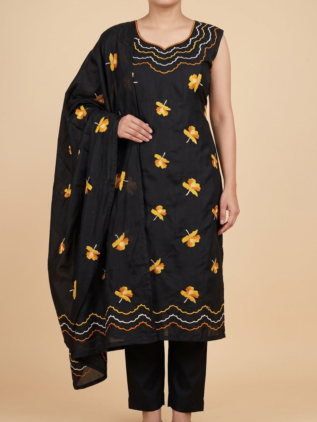 Peachmode Black Mustard Floral Embroidered Silk Blend Dress Material - Image 2