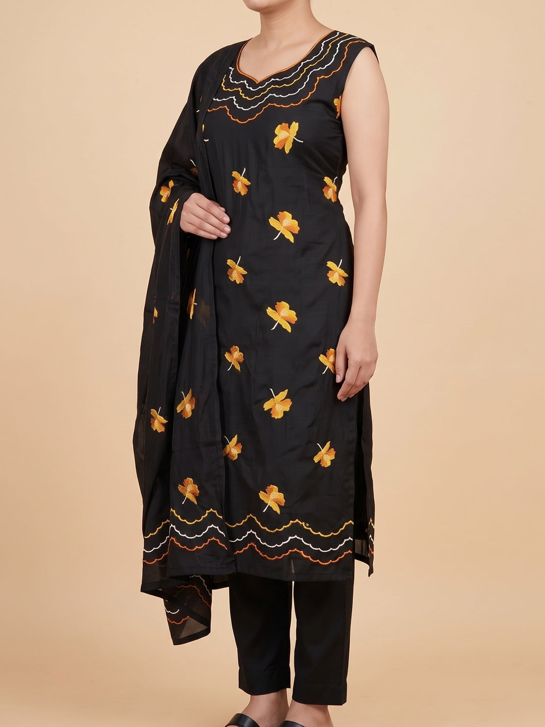Peachmode Black Mustard Floral Embroidered Silk Blend Dress Material - Image 5