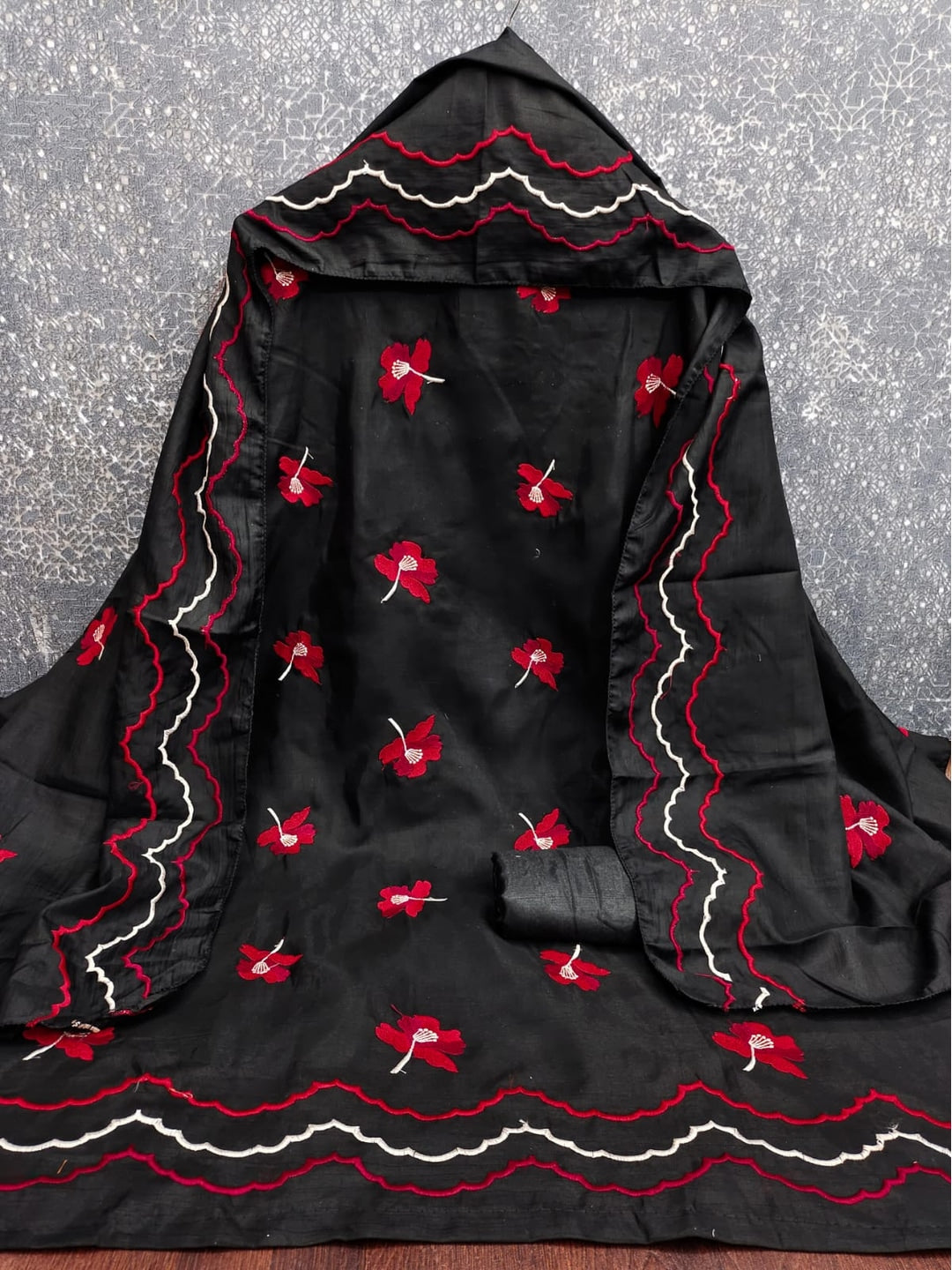 Included product 1: Peachmode Black Red Floral Embroidered Silk Blend Dress Material (DRSI-RASMI-RED) - original product photograph
