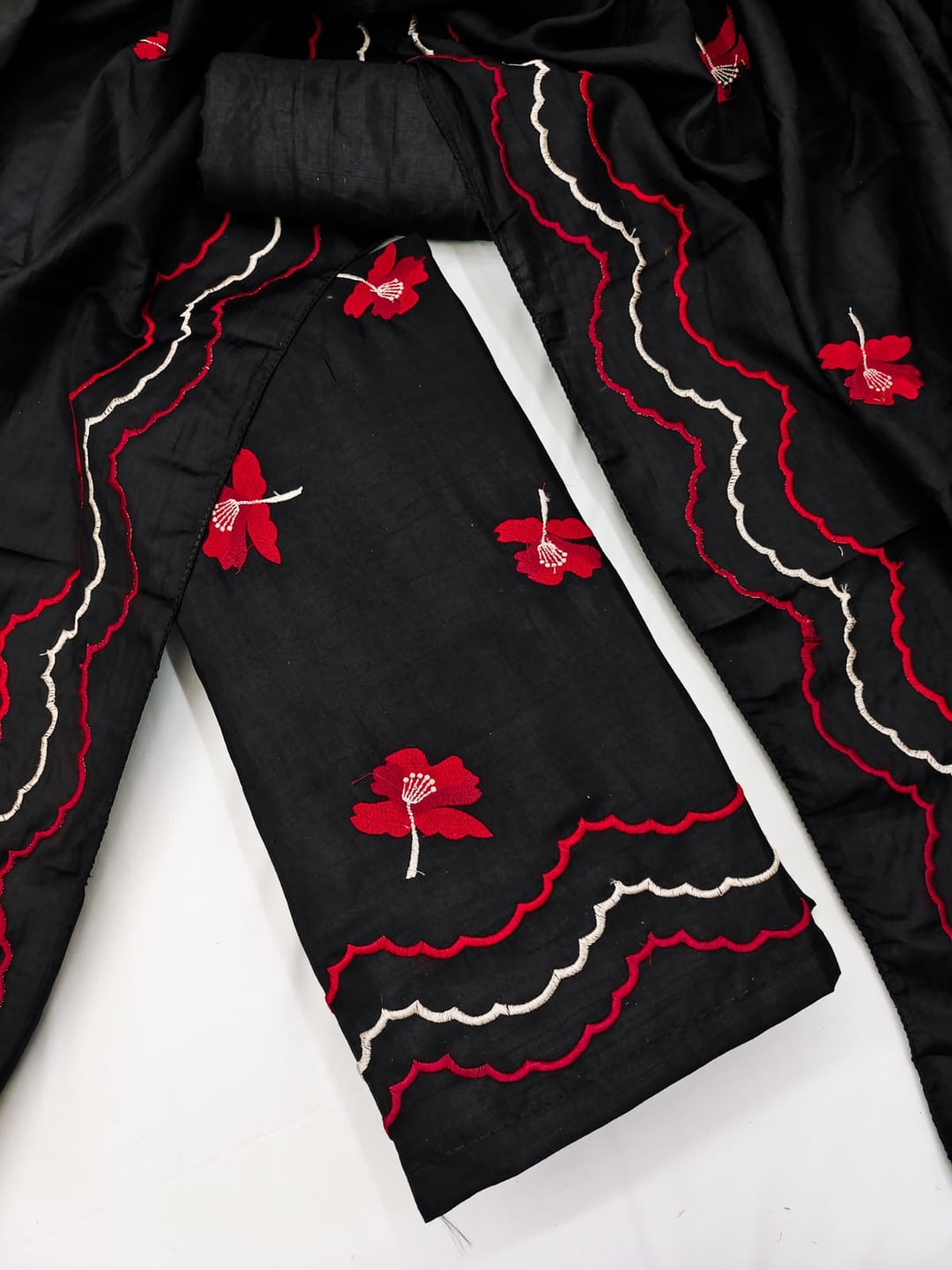 Peachmode Black Red Floral Embroidered Silk Blend Dress Material - Image 4