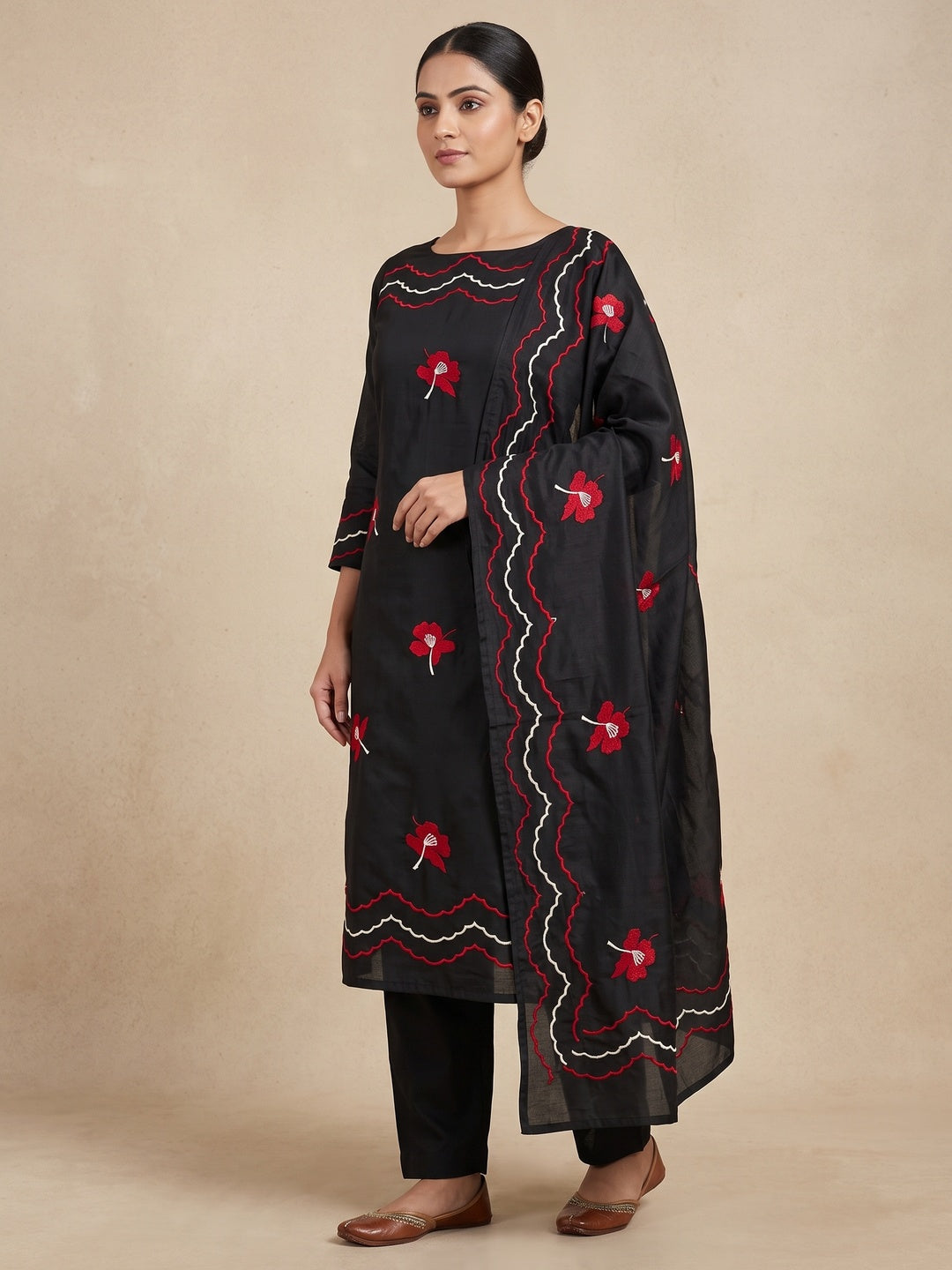Peachmode Black Red Floral Embroidered Silk Blend Dress Material - Image 2