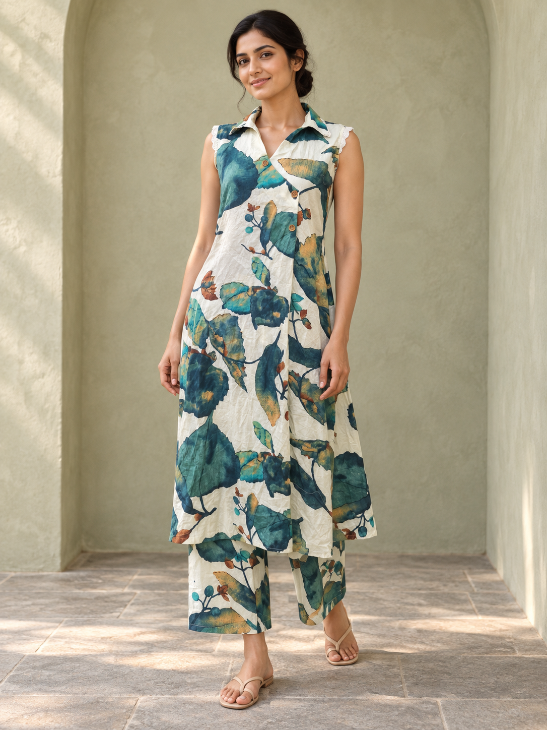 Peachmode Beige Pure Cotton Botanical Printed Top Bottom Set - Image 1