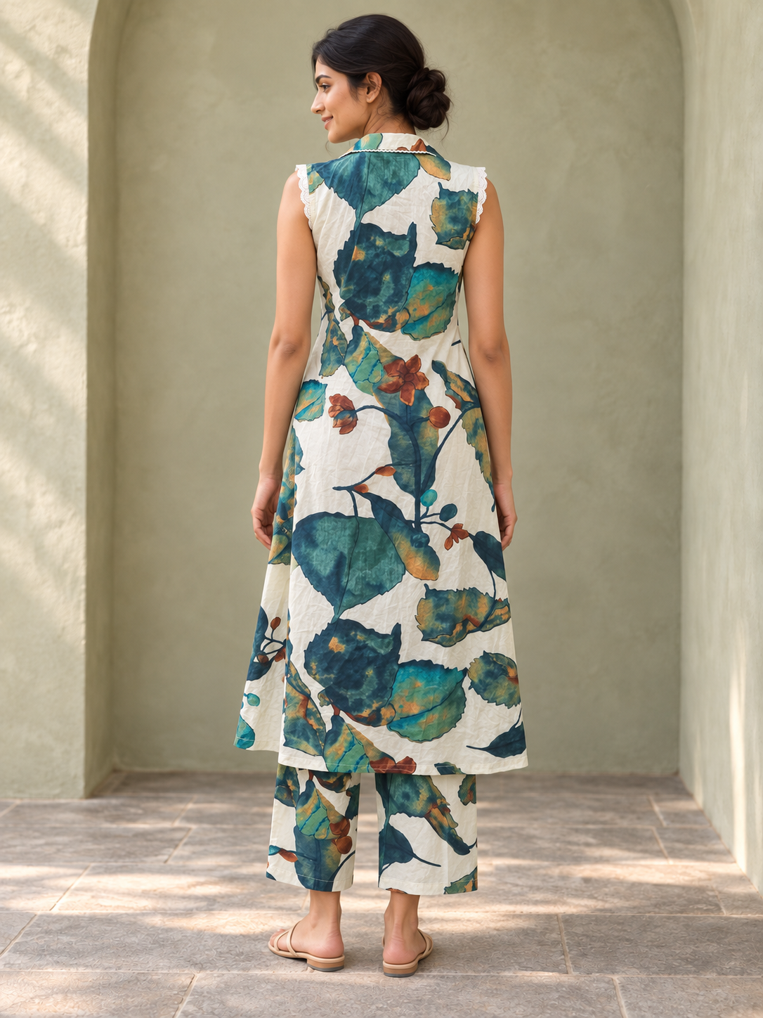 Peachmode Beige Pure Cotton Botanical Printed Top Bottom Set - Image 4