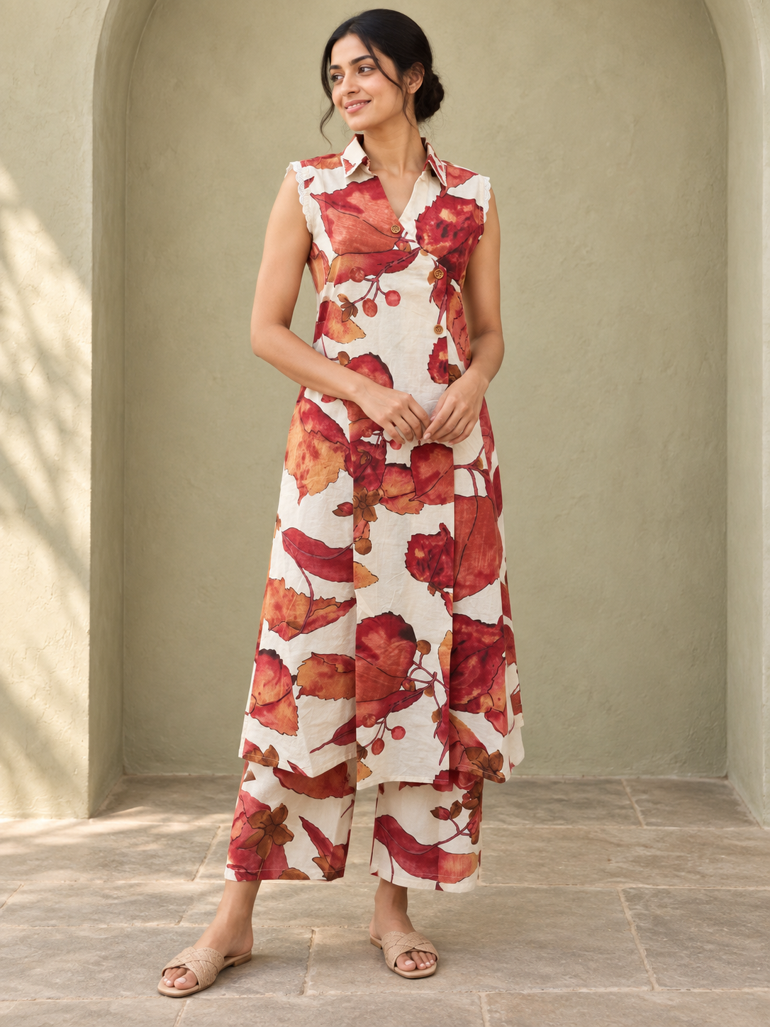 Peachmode Cream Pure Cotton Floral Printed Top Bottom Set - Image 1