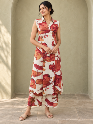 Peachmode Cream Pure Cotton Floral Printed Top Bottom Set - Image 1