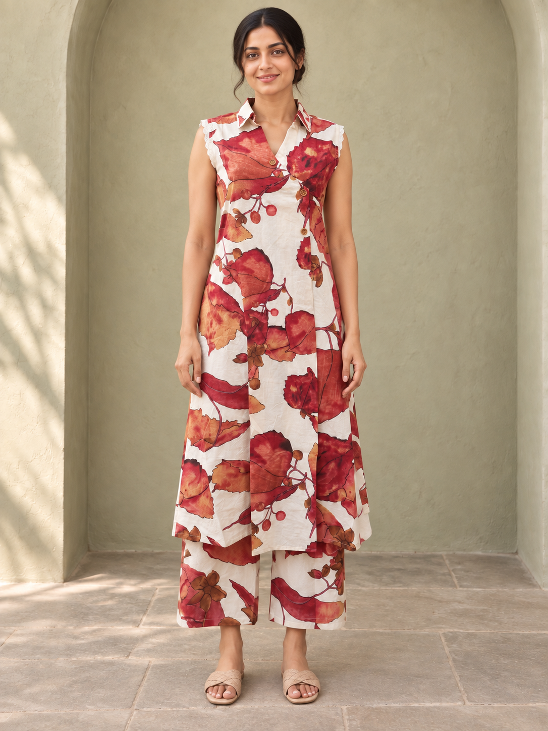 Peachmode Cream Pure Cotton Floral Printed Top Bottom Set - Image 2