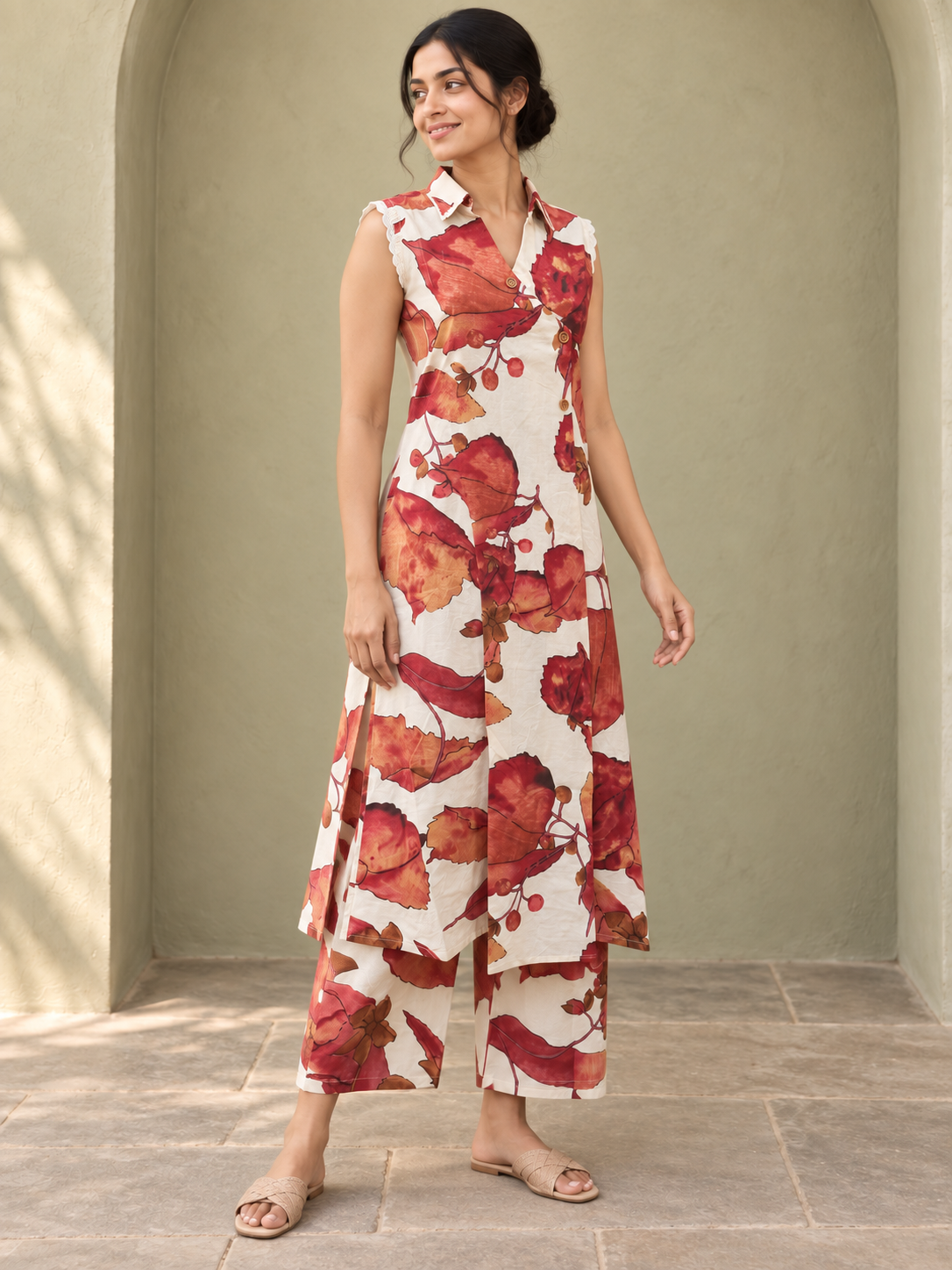Peachmode Cream Pure Cotton Floral Printed Top Bottom Set - Image 3
