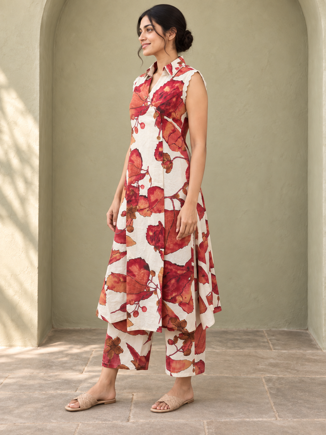Peachmode Cream Pure Cotton Floral Printed Top Bottom Set - Image 5
