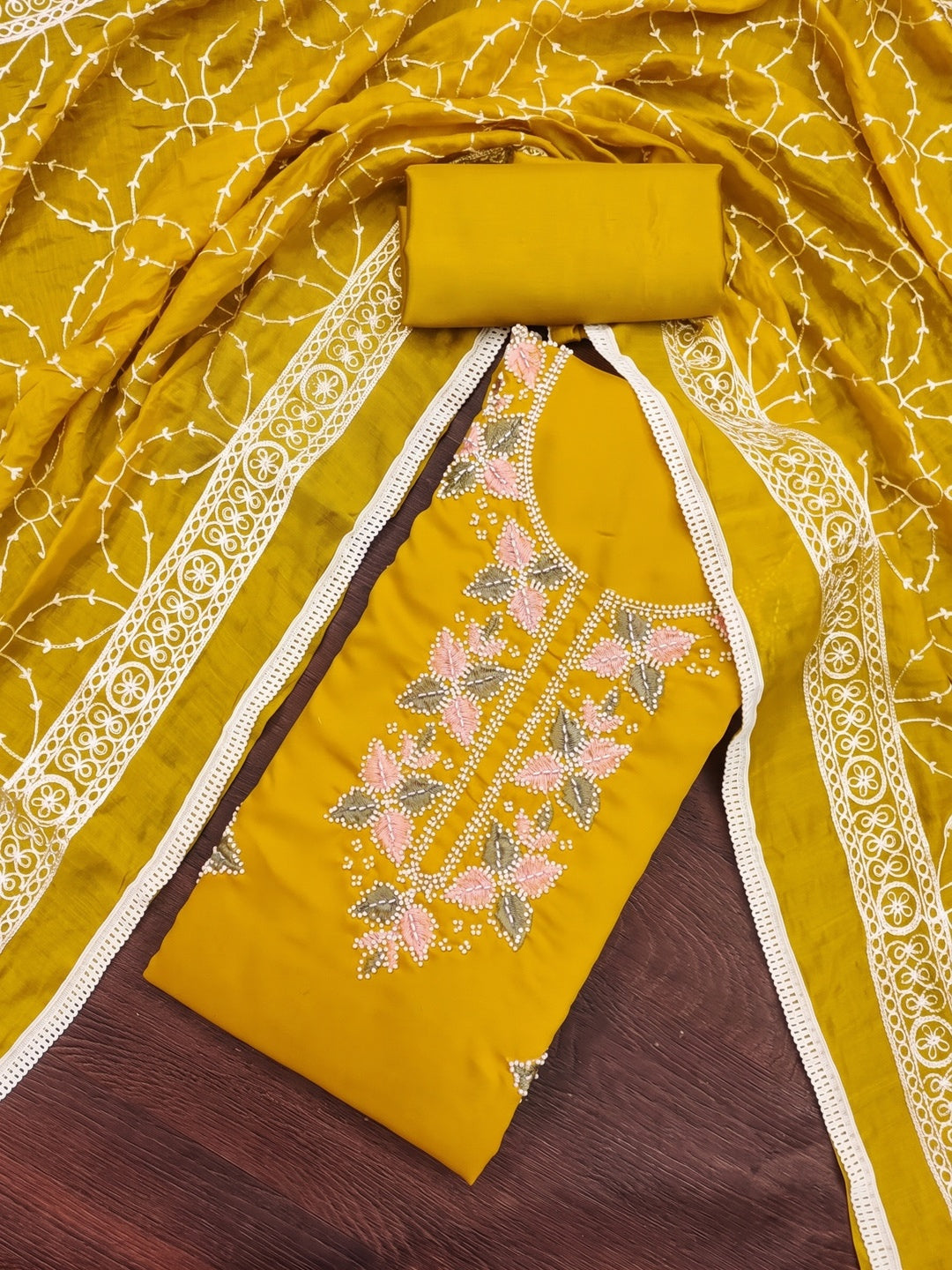 Mustard Roman Silk Embroidered Unstitched Dress Material - Image 1