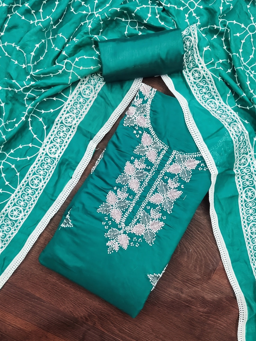 Turquoise Roman Silk Embroidered Unstitched Dress Material - Image 1