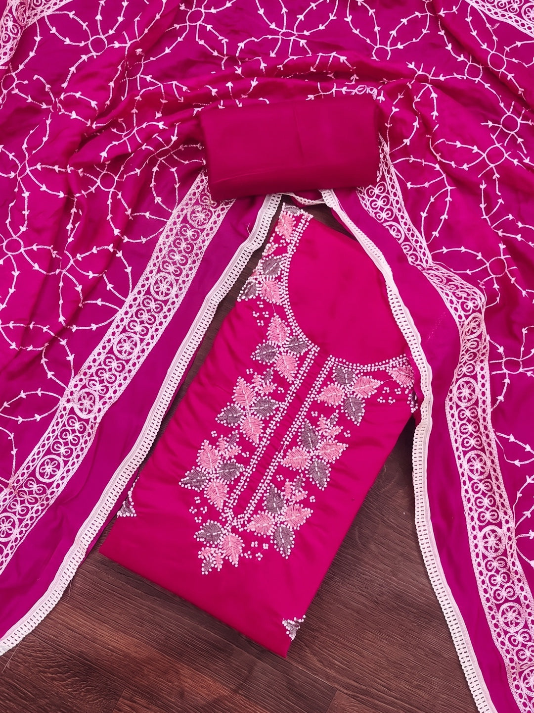 Pink Roman Silk Embroidered Unstitched Dress Material - Image 1