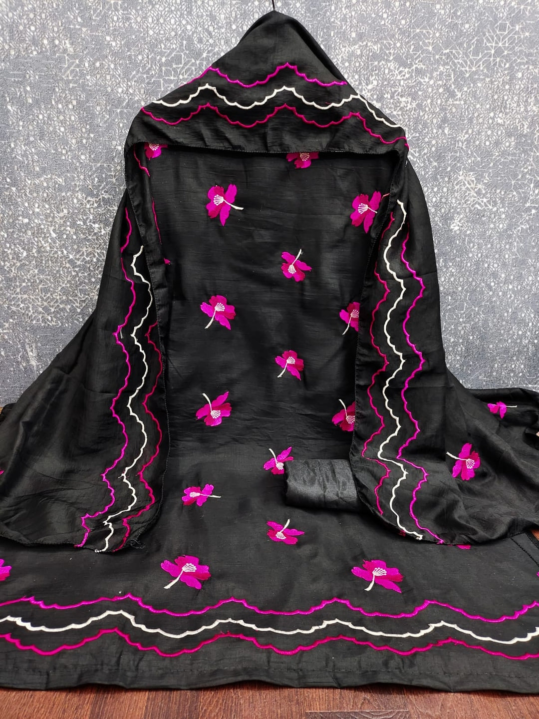 Peachmode Black Pink Floral Embroidered Silk Blend Dress Material - Image 3