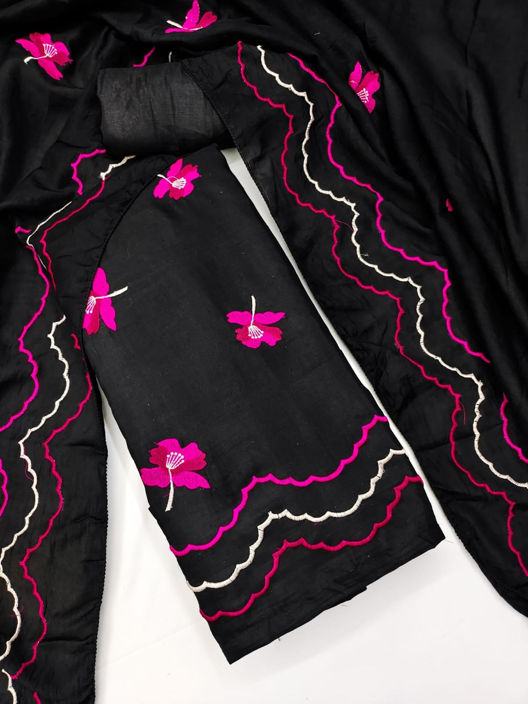 Peachmode Black Pink Floral Embroidered Silk Blend Dress Material - Image 4