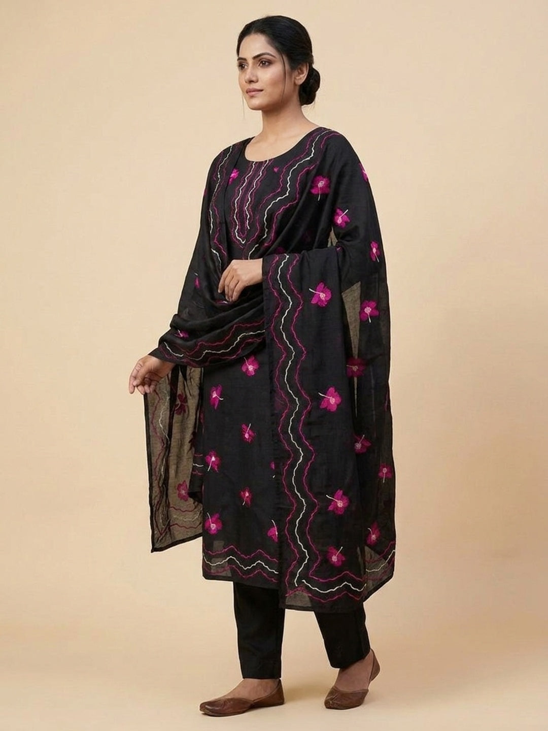 Peachmode Black Pink Floral Embroidered Silk Blend Dress Material - Image 5