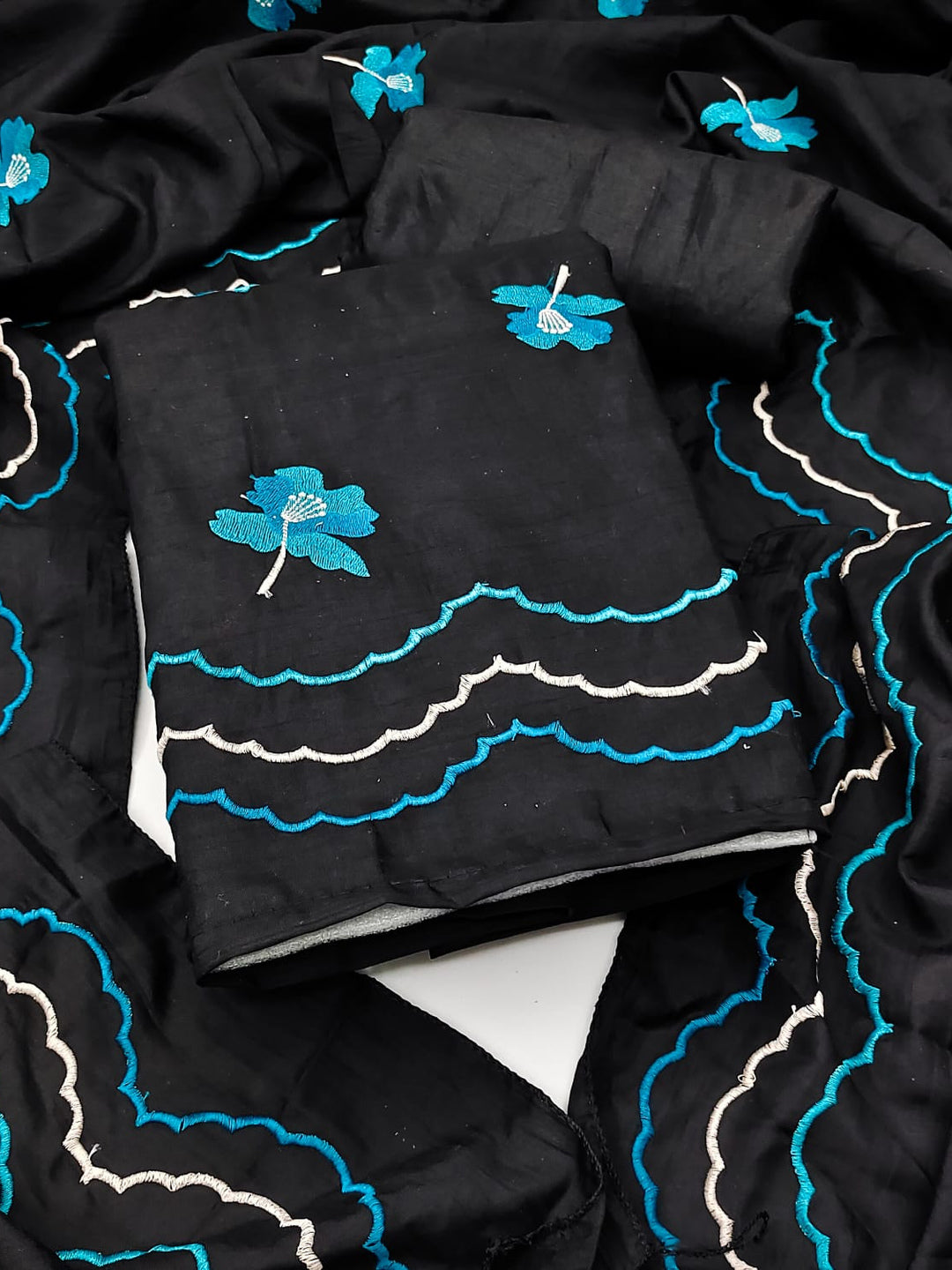 Peachmode Black Turquoise Floral Embroidered Silk Blend Dress Material - Image 1
