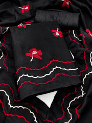 Peachmode Black Red Floral Embroidered Silk Blend Dress Material
