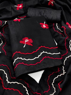 Peachmode Black Red Floral Embroidered Silk Blend Dress Material - Image 1