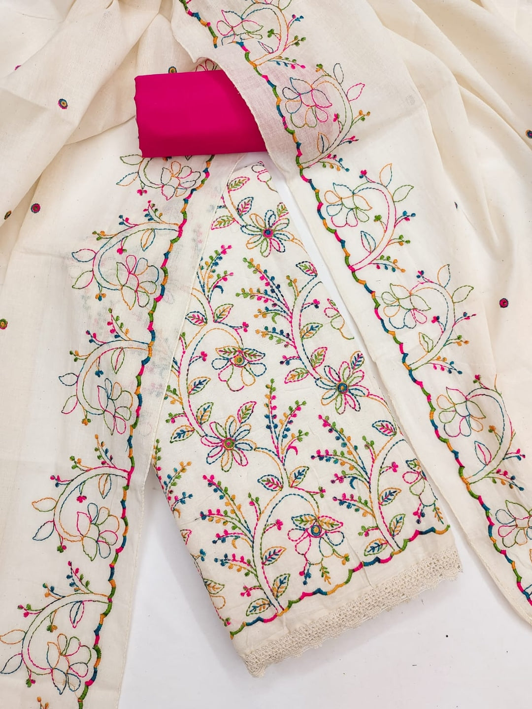 Peachmode Cream Pink Floral Embroidered Cotton Dress Material - Image 1