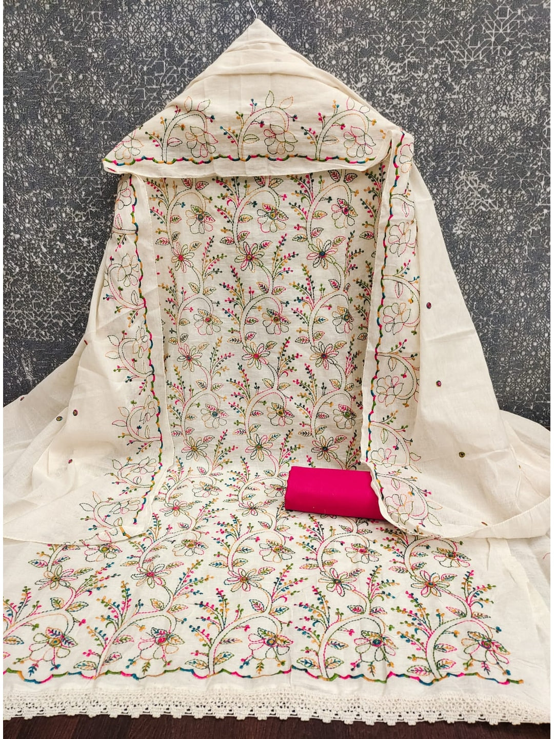 Peachmode Cream Pink Floral Embroidered Cotton Dress Material - Image 3