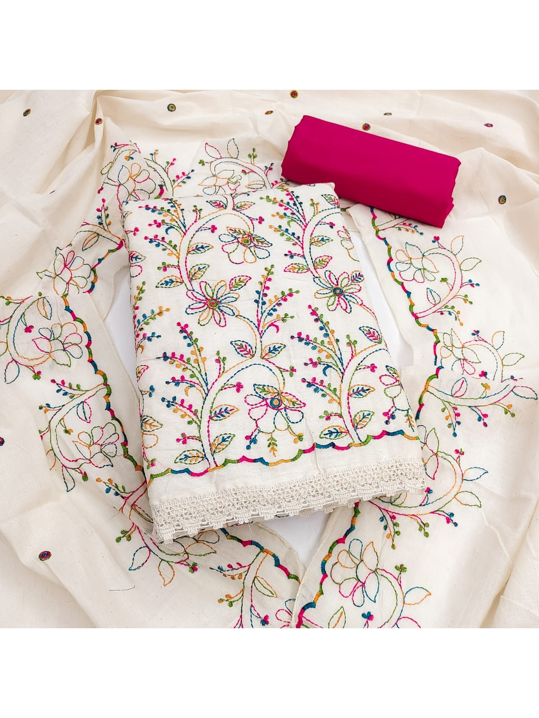 Peachmode Cream Pink Floral Embroidered Cotton Dress Material - Image 4