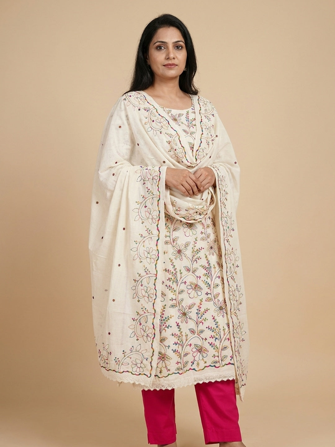 Peachmode Cream Pink Floral Embroidered Cotton Dress Material - Image 2