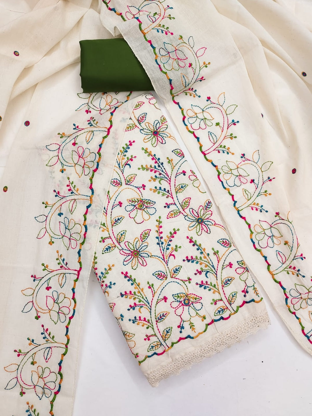 Peachmode Cream Olive Floral Embroidered Cotton Dress Material - Image 1