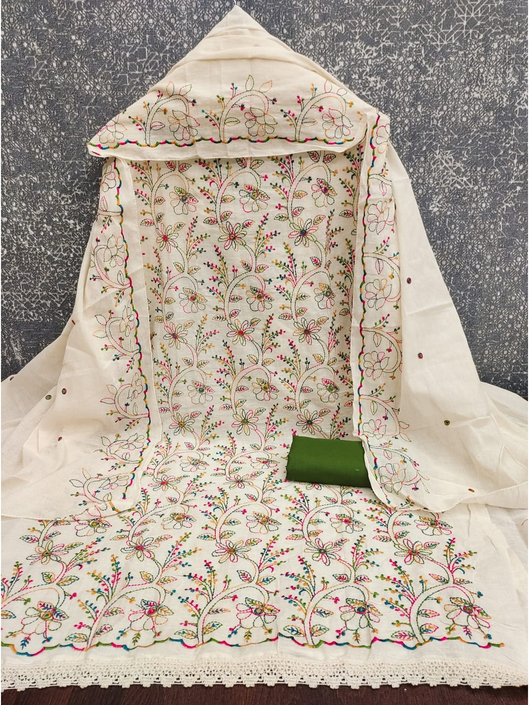 Peachmode Cream Olive Floral Embroidered Cotton Dress Material - Image 3
