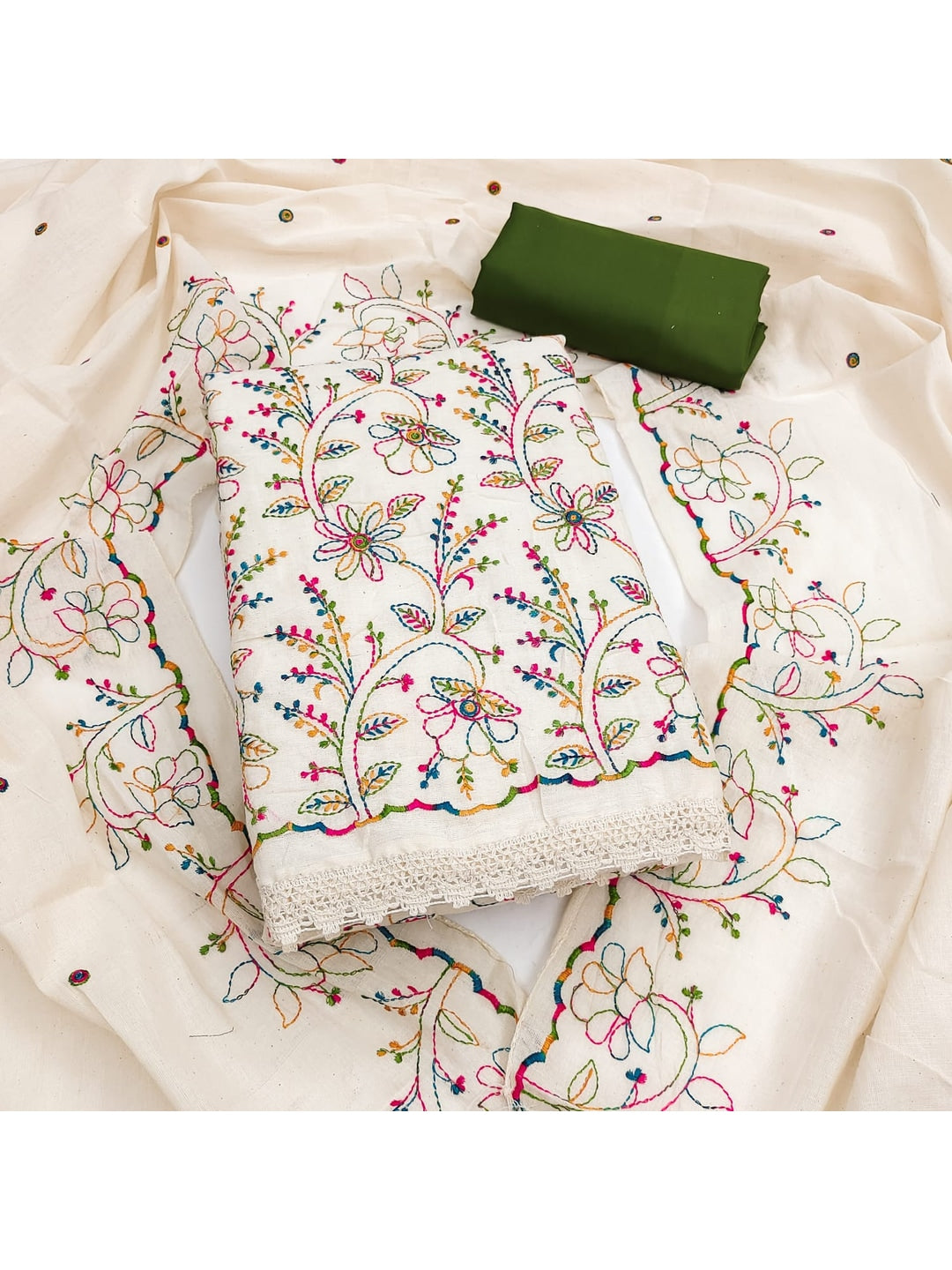 Peachmode Cream Olive Floral Embroidered Cotton Dress Material - Image 4
