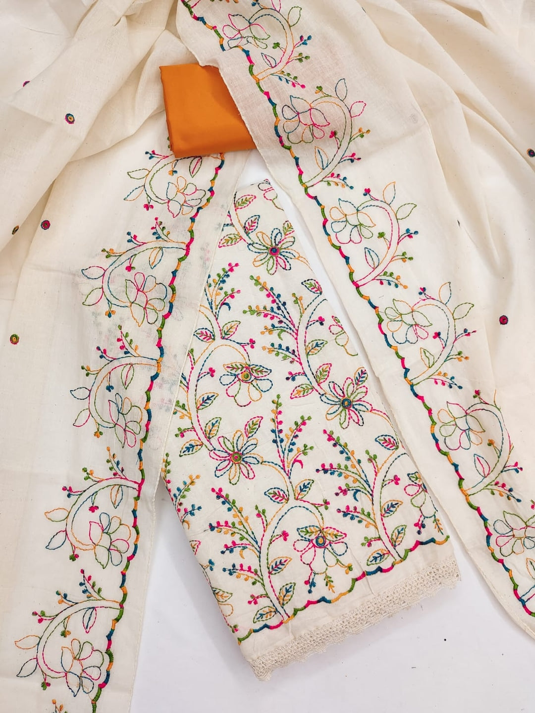 Peachmode Cream Orange Floral Embroidered Cotton Dress Material - Image 1