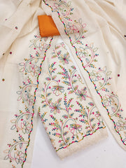 Peachmode Cream Orange Floral Embroidered Cotton Dress Material